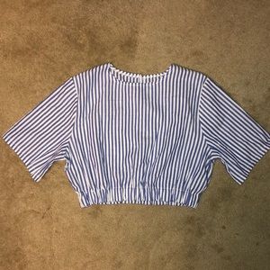blue and white striped short sleeve shirt